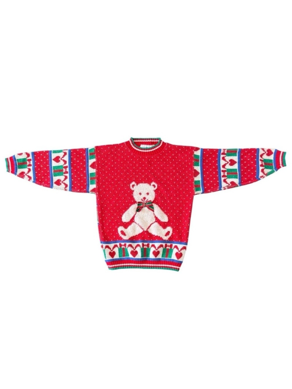 Holiday‎ Sweater Teddy Bear Bow Hearts Made in USA 90s Christmas Sweater Vintage